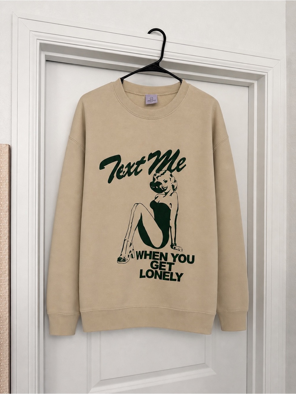 LONELY GHOST Beige Sweatshirt with Dark Green Graphic "Text Me"